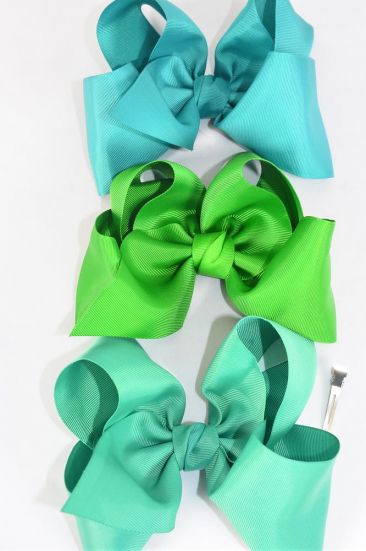 Hair Bow Jumbo Green Mix Grosgrain Bow-tie / 12 pcs Bow = Dozen Green Mix , Size - 6" x 5" Wide , Alligator Clip , 4 Jade Green , 4 Kelly Green , 4 Caribbean Green Mix , Clip Strip & UPC Code