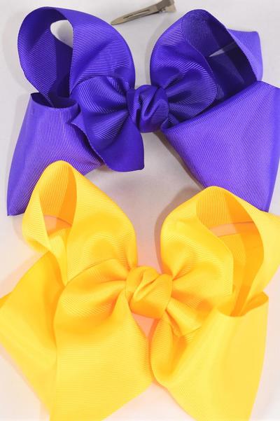 Hair Bow Jumbo Purple & Yellow Mix Grosgrain Bow-tie / 12 pcs Bow = Dozen Alligator Clip , Size-6"x 5" Wide , 6 of each Color Asst , Clip Strip & UPC Code