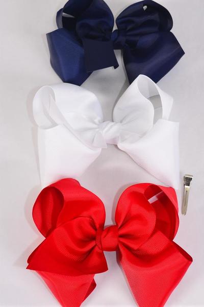 Hair Bow Extra Jumbo Cheer Type Bow Red White Navy Mix Grosgrain Bow-tie / 12 pcs Bow = Dozen  Size-8"x 7" Wide , 4 Red , 4 White , 4 Navy Mix , Clip Strip & UPC Code