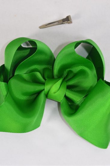 Hair Bow Jumbo Kelly Green Grosgrain Bow-tie / 12 pcs Bow = Dozen Kelly Green , Size - 6" x 5", Alligator Clip , Clip Strip & UPC Code