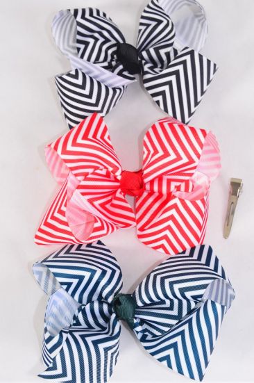 Hair Bow Jumbo Chevron Pattern Red White Mix Grosgrain Bow-tie / 12 pcs Bow = Dozen Red , Alligator Clip , Size - 6" x 5" Wide , Clip Strip & UPC Code