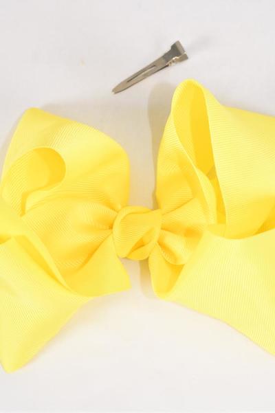 Hair Bow Jumbo Yellow Grosgrain Bow-tie / 12 pcs Bow = Dozen Alligator Clip , Size - 6"x 5" Wide , Clip Strip & UPC Code