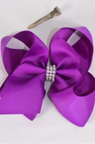 Hair Bow Jumbo Center Clear Stones Ultra Violet Grosgrain Bow-tie / 12 pcs Bow = Dozen  Ultra Violet , Alligator Clip , Bow - 6" x 5" , Clip Strip & UPC Code