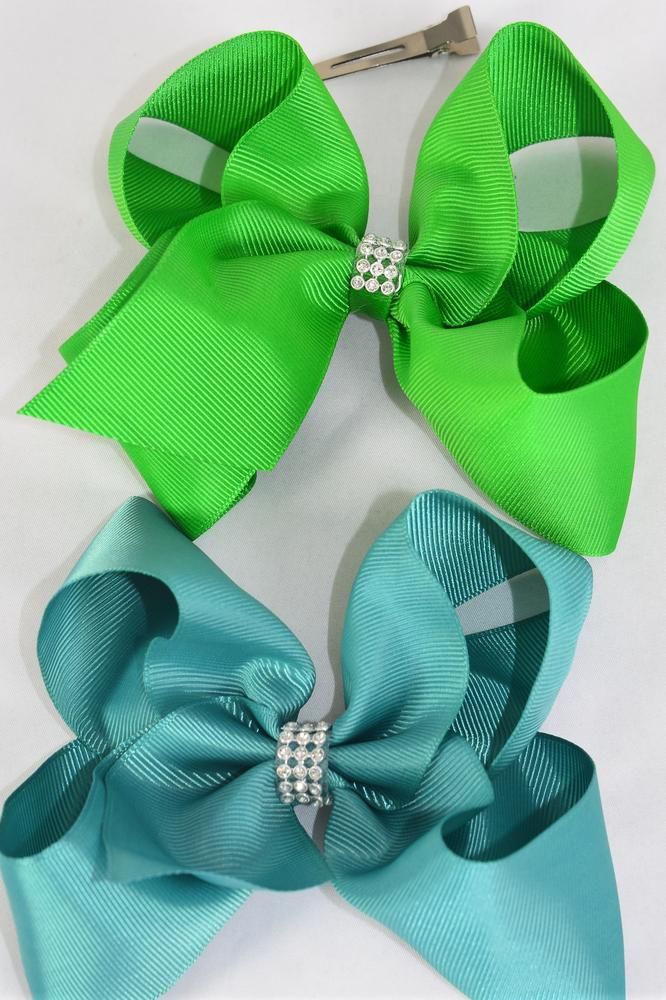 Hair Bow Jumbo Center Clear Stones Kelly Green & Jade Green Mix