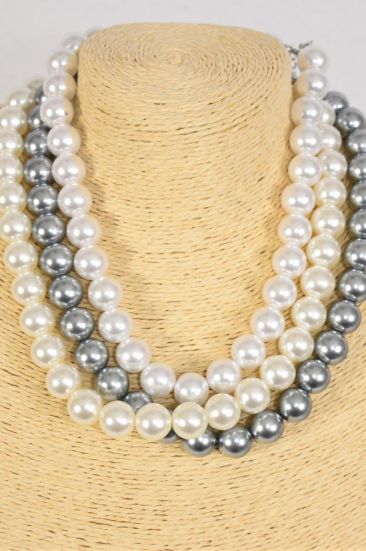 Necklace 14 mm ABS Pearls White Cream Gray Mix / 12 pcs = Dozen 20" Long , 4 White , 4 Cream , 4 Gray Mix , Hang Tag & Opp Bag & UPC Code