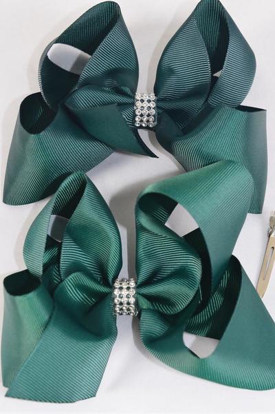 Hair Bow Jumbo Center Clear Stones Spruce Hunter Green Mix Grosgrain Bow-tie / 12 pcs Bow = Dozen Alligator Clip , Bow - 6"x 5" , 6 Hunter Green , 6 Spruce Color Asst , Clip Strip & UPC Code