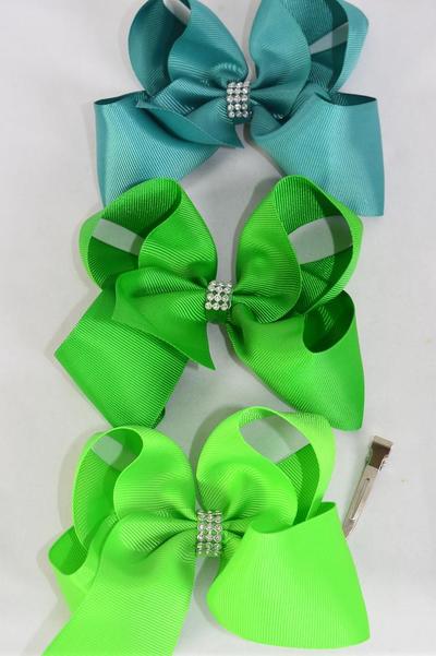 Hair Bow Jumbo Center Clear Stones Green Mix Grosgrain Bow-tie / 12 pcs Bow = Dozen Alligator Clip , Size - 6" x 5" Wide , 4 Teal Green , 4 Kelly Green , 4 Lime Green Color Asst , Clip Strip and UPC Code