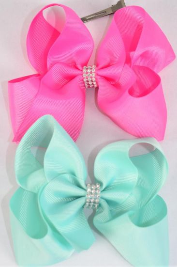 Hair Bow Jumbo Center Clear Stones Aqua Hot Pink Mix Grosgrain Bow-tie / 12 pcs Bow = Dozen  Alligator Clip , Bow - 6" x 5" Wide , 6 Aqua , 6 Hot Pink Asst , Clip Strip & UPC Code