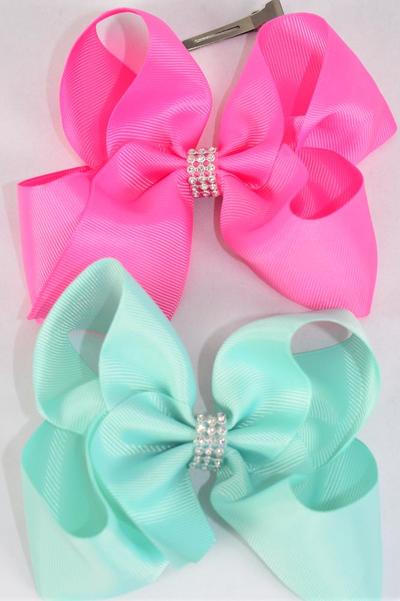 Hair Bow Jumbo Center Clear Stones Aqua Hot Pink Mix Grosgrain Bow-tie / 12 pcs Bow = Dozen  Alligator Clip , Bow - 6" x 5" Wide , 6 Aqua , 6 Hot Pink Asst , Clip Strip & UPC Code