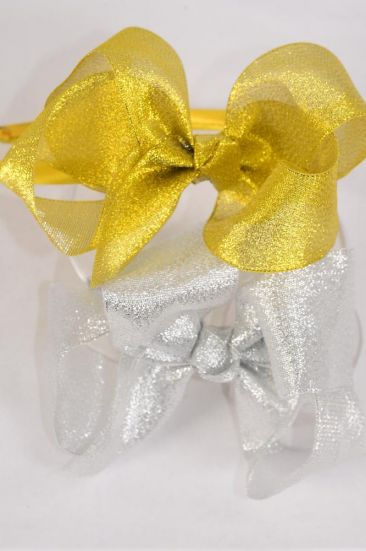Headband Horseshoe Jumbo Metallic Gold Silver Mix Grosgrain Bow-tie / 12 pcs = Dozen Bow Size - 6" x 5" Wide , 6 Gold , 6 Silver Color Asst , Hang Tag & UPC Code , Clear Box