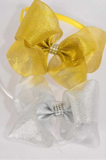 Headband Horseshoe Jumbo Metallic Gold silver Mix Center Clear Stones Grosgrain Bow-tie / 12 pcs = Dozen Bow Size - 6" x 5" Wide , 6 Gold , 6 Silve Color Asst , Hang Tag & UPC Code , Clear Box