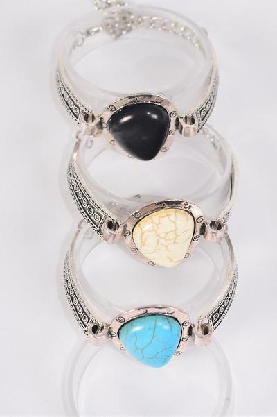 Bracelet Semiprecious Stone / 12 pcs = Dozen Adjustable Length , Extension Chain , 4 Black , 4 Ivory ,4 Turquoise Asst , Hang Tag & OPP Bag & UPC Code