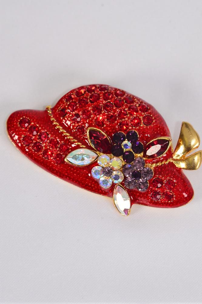 Brooch Red Hat Enamel Rhinestones/PC Size2.5"x1.25" Wide,Display Card