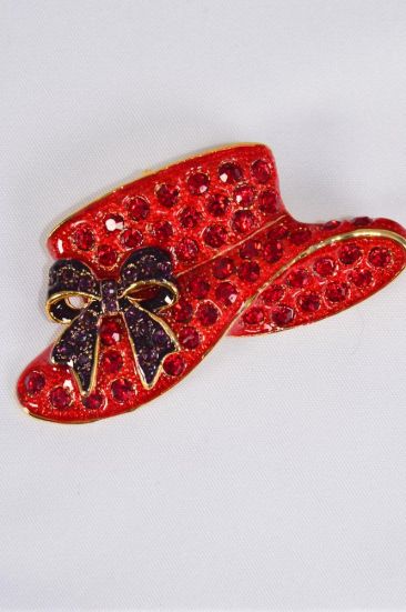 Brooch Large Red Hat Enamel Rhinestones / 12 pcs = Dozen Red Hat , Size - 2.25" x 1.25" Wide , Display Card & OPP Bag