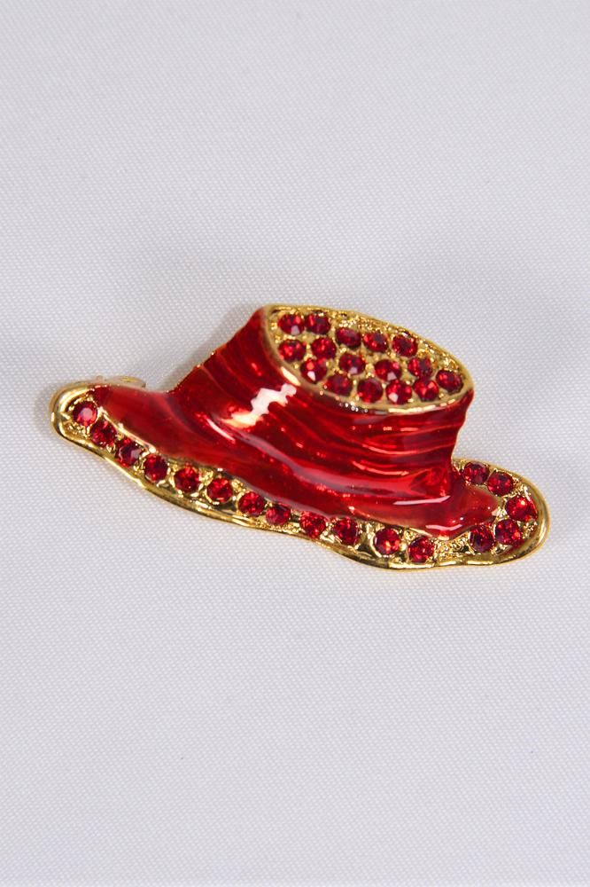 Brooch Red Hat Enamel Rhinestones/pc Size1.5"x 0.75" Wide,Display Card