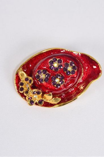 Brooch  Red Hat Enamel Rhinestones / 12 pcs = Dozen Size - 1.75" x 1.05" Wide , Display Card & OPP bag