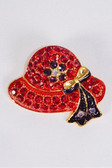 Brooch Red Hat Rhinestone / 12 pcs = Dozen Red Hat , Size - 1.75" x 1.25" Wide , Display Card & OPP Bag