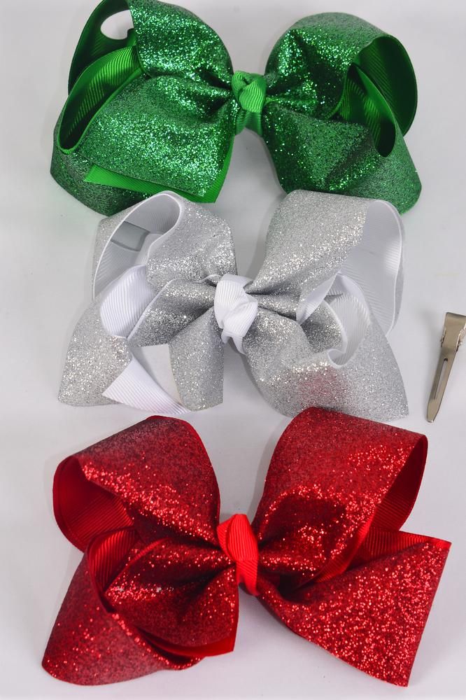 Hair Bow Jumbo Xmas Double Layered Metallic Red White Green Mix