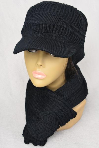 Scarf Winter Knit Scarf w Visor Hat Sets Black / 12 sets = Dozen  Black , Good Quality , Scarf Size - 60" x 8" Wide , OPP Bag & UPC Code