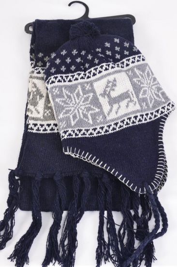 Hat Winter Knit Scarf Hat Sets Fleece Inside Snowflake Deer Navy / Sets  Navy , Scarf Size - 64" x 8" Wide , OPP Bag & UPC Code