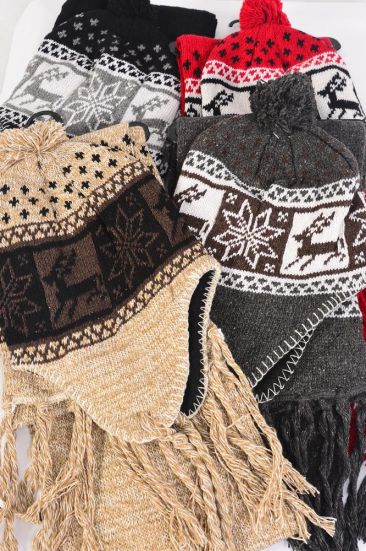 Hat Winter Knit Scarf Hat Set Fleece Inside Snowflake Deer / 12 Sets = Dozen Multi , Scarf Size - 64" x 8" Wide , 2 Red , 2 Black , 2 Brown , 2 Gray , 2 Khaki , 2 Navy Asst , OPP Bag
