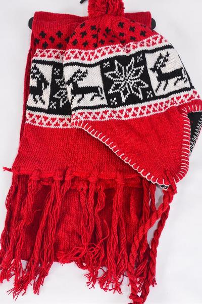 Hat Winter Knit Scarf Hat Sets Fleece Inside Snowflake Deer / Sets  Scarf Size - 64" x 8" Wide , OPP bag & UPC Code , Choose Colors
