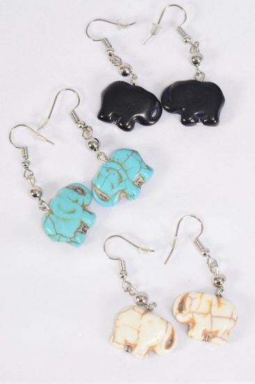 Earrings Elephants Semiprecious Stone / 12 pair = Dozen match 70158 Fish Hook , Size - 1" x 0.75" Wide , 4 Black , 4 Ivory , 4 Turquoise Color Asst , Earring Card & OPP Bag & UPC Code