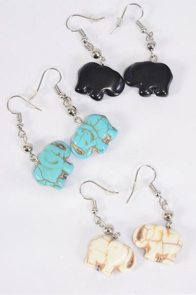 Earrings Elephants Semiprecious Stone / 12 pair = Dozen match 70158 Fish Hook , Size - 1" x 0.75" Wide , 4 Black , 4 Ivory , 4 Turquoise Color Asst , Earring Card & OPP Bag & UPC Code