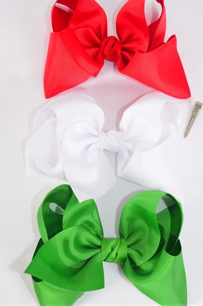 Hair Bow Extra Jumbo Cheer Type Bow Spring Time Grosgrain Bow-tie / 12 pcs Bow = Dozen  Xmas , Size-8"x 7" Wide , Alligator Clip , 4 Red , 4 White , 4 Green Color Asst , Clip Strip & UPC Code