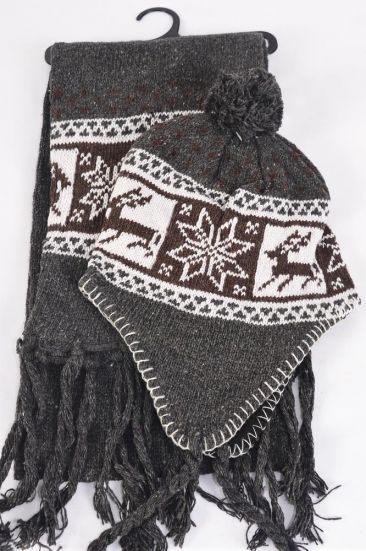 Winter Knit Scarf & Hat Set Fleece Inside Snowflake & Deer / Sets Gray , Scarf Size- 64"x 8" Wide , OPP Bag & UPC Code