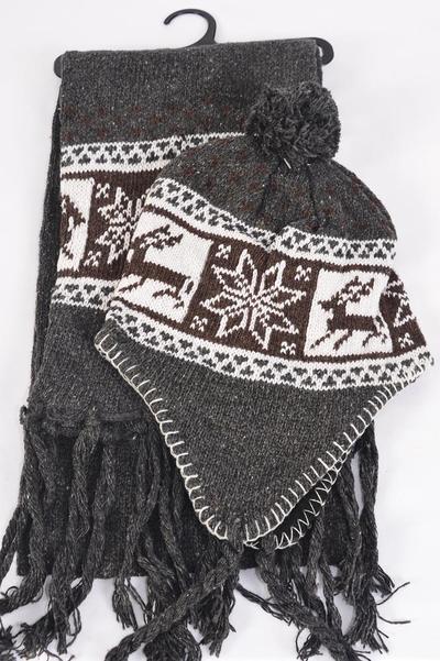 Winter Knit Scarf & Hat Set Fleece Inside Snowflake & Deer / Sets Scarf Size- 64"x 8" Wide , OPP bag & UPC Code , Choose Colours