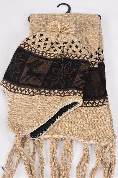 Winter Knit Scarf & Hat Set Fleece Inside Snowflake & Deer / Sets Scarf Size- 64"x 8" Wide , OPP bag & UPC Code , Choose Colours