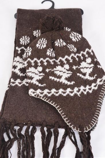 Winter Knit Scarf & Hat Set Fleece Inside Snowflake & Ski Brown / Sets Brown , Scarf Size-64"x 8" Wide , OPP Bag & UPC Code