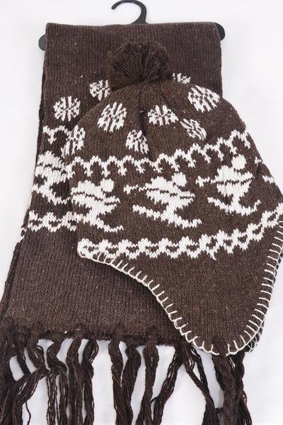 Winter Knit Scarf & Hat Set Fleece Inside Snowflake & Ski / Sets Scarf Size-64"x 8" Wide , OPP bag & UPC Code , Choose Colours