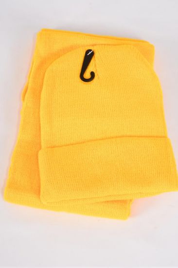 Hat Winter Knit Scarf Hat Beanie Sets For Kids Polyester Yellow / 12 sets = Dozen  Unisex , Yellow , Scarf Size - 45" x 6" Wide , Hang tag & OPP Bag