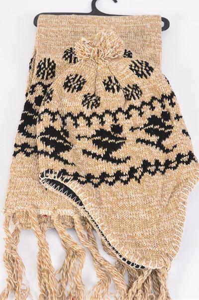 Winter Knit Scarf & Hat Set Fleece Inside Snowflake & Ski / Sets Scarf Size-64"x 8" Wide , OPP bag & UPC Code , Choose Colours