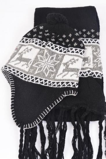 Winter Knit Scarf & Hat Set Fleece Inside Snowflake & Deer / Sets Black , Scarf Size- 64"x 8" Wide , OPP Bag & UPC Code