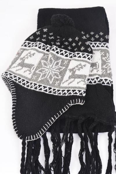 Hat Winter Knit Scarf Hat Sets Fleece Inside Snowflake Deer / Sets  Scarf Size - 64" x 8" Wide , OPP bag & UPC Code , Choose Colors