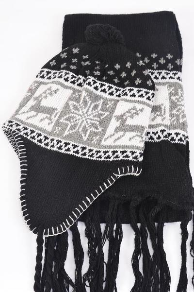 Winter Knit Scarf & Hat Set Fleece Inside Snowflake & Deer / Sets Scarf Size- 64"x 8" Wide , OPP bag & UPC Code , Choose Colours