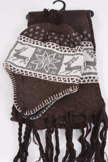 Winter Knit Scarf & Hat Set Fleece Inside Snowflake & Deer / Sets Brown , Scarf Size- 64"x 8" Wide , OPP Bag & UPC Code