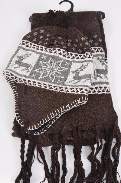 Hat Winter Knit Scarf Hat Sets Fleece Inside Snowflake Deer / Sets  Scarf Size - 64" x 8" Wide , OPP bag & UPC Code , Choose Colors