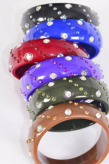 Bracelet Bangle Acrylic Dark Multi Iridescent Clear Stone Mix /  12 pcs = Dozen Dark Multi , Size - 2.75" x 1" Wide , 2 Royal Blue , 2 Burgundy , 2 Black , 2 Brown , 2 Olive , 1 Purple , 1 Gray Mix , Hang tag & OPP Bag & UPC Code