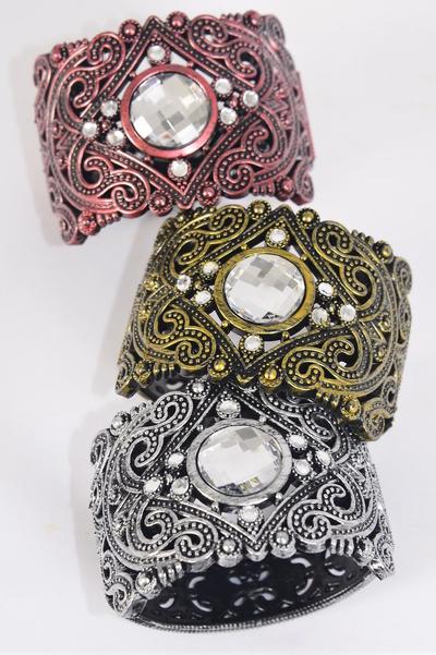 Bracelet Bangle Acrylic Hinge Antique Clear Stones / 12 Pcs = Dozen Sze - 2.75" x 2" Dia Wide , 4 of each Pattern Asst , Hang Tag & Opp Bag & UPC Code 
