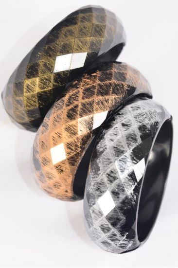 Bracelet Bangle Antique Acrylic Hinge Diamond Cut Brush Stroke / 12 pcs = Dozen  Fall , Hinge , Size - 2.75  x 1" Wide , 4 of each Pattern Asst , Hang Tag & OPP Bag & UPC Code