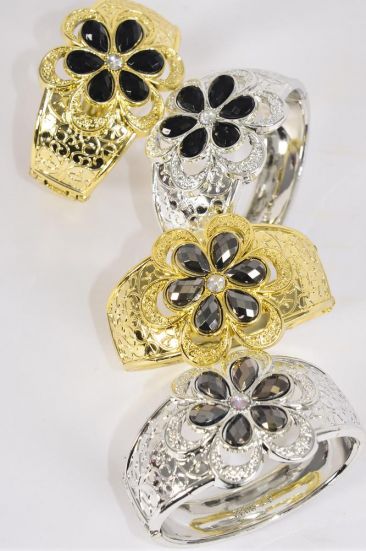 Bracelet Bangle Acrylic Hinge Flower Gold Silver Mix / 12 pcs = Dozen Hinge , Size - 2.75" x 2" , Black & Hematite Stone Color Mix , 3 of each Pattern Asst , Hang Tag & Opp Bag & UPC Code