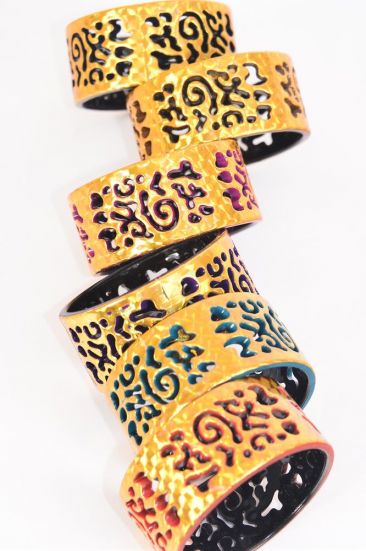  Bracelet Bangle Acrylic Holographic Multi Gold Spiral Symbol / 12 pcs = Dozen Gold , Size - 2.75" x 1.25" Dia Wide , 2 of each Pattern Asst , Hang Tag & OPP Bag & UPC Code