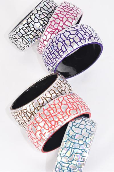 Bracelet Bangle Acrylic Holographic Silver / 12 pcs = Dozen Silver , Size - 2.75" x 1.25" Dia Wide , 2 of each Pattern Asst , Hang Tag & Opp Bag & UPC Code