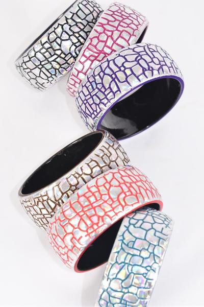 Bracelet Bangle Acrylic Holographic Cobble Stone Silver Multi / 12 pcs = Dozen  Size-2.75" x 1.25" Dia Wide , 2 of each Pattern Asst , Hang Tag & Opp Bag & UPC Code