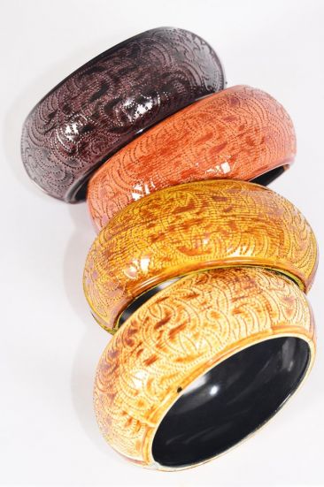 Bracelet Bangle Acrylic Hinge Bohemian Brush Stroke Natural Wood Finish / 12 pcs = Dozen Fall , Size - 2.75" x 1.25" Wide , 3 of each Color Asst , Hang tag & Opp Bag & UPC Code