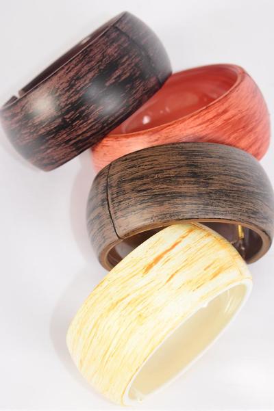 Bracelet Bangle Acrylic Hinge Brush Stroke Wood Finish Neutral Color Asst / 12 pcs = Dozen Netural , Hinge , Size - 2.75" x 1.25" Dia Wide , 3 of each Color Asst , Hang Tag & OPP Bag & UPC Code 